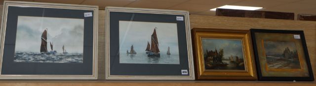 Alan Whitehead, sailing boats, watercolour, a pair, Hume Nisbet, 'Coastal Ruin', watercolour and a