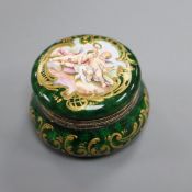 A 19th century Viennese white metal and enamel circular box, 5cm.