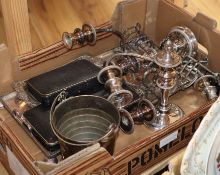 A group of plated wares including tray, pair of candelabra, ice bucket etc.