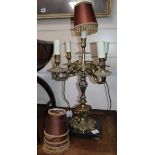 A gilt metal five light candelabrum, fitted as a table lamp