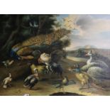 After Hondecoeter, oil on canvas, Peacock and poultry in a landscape, 91 x 122cm, unframed