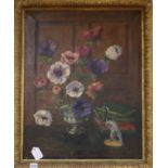 Lawrence Perugini, oil on canvas, Still life of anemones in a silver bowl, signed and dated 1930, 65