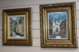 Monzk? oil on board, Tyrolean street scene, and John Arthur, oil on board, Mediterranean church,