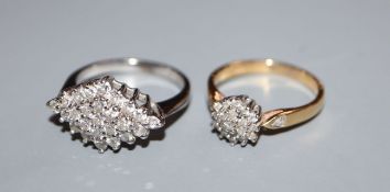 Two modern 18ct gold and diamond cluster dress rings, including white gold.