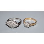 Two modern 18ct gold and diamond cluster dress rings, including white gold.