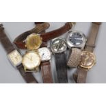 A collection of six gentlemen's assorted wrist watches, including Oris and J.W. Benson.