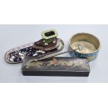 A cloisonne ink stand and pen on a stand, tray, lacquer pen box and circular cloisonne pot