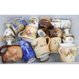 A collection of miniature ceramics, including four Royal Worcester blush ivory mugs and a tyg,