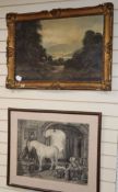 After Landseer, pencil drawing, Watering horses at an inn, 49 x 62cm