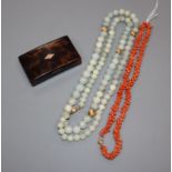 A coral necklace, hardstone bead necklace with 14k clasp, tortoiseshell box and Eversharp fountain