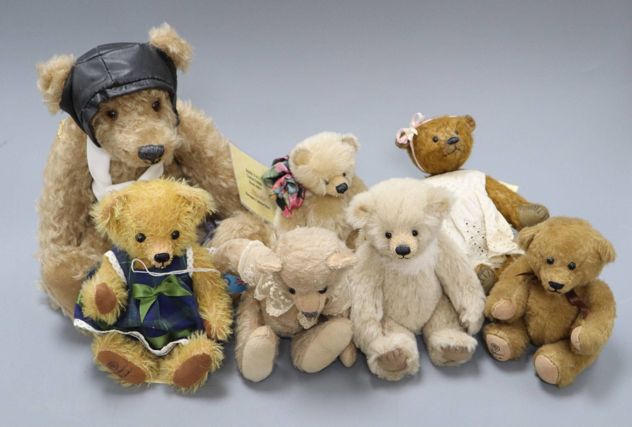 Brunty Bear with certificate from RAF, a Dambuster bear dressed for flying, with six Artist bears