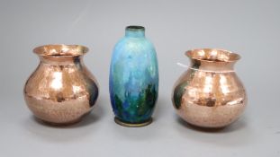 A Limoges enamelled vase, signed 'R. Bonnard' and two planished copper vessels vase 12cm