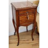 A French mahogany and marble bedside cupboard W.40cm