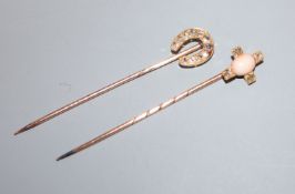 Two yellow metal and gem set stick pins, including coral and rose cut diamond and rose cut diamond