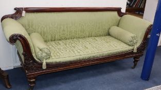 A William IV mahogany framed settee, with original castors W.220cm