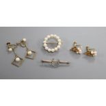 Two pairs of 14k and cultured pearl earrings, a 14k and cultured pearl brooch and a yellow metal bar