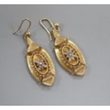 A pair of Victorian yellow metal and split pearl set navette shaped drop earrings, 38mm.