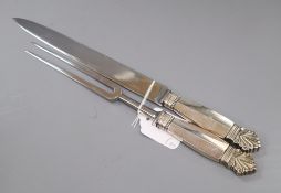 A Georg Jensen sterling handled acanthus pattern carving knife and fork, knife 34.6cm.