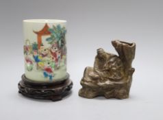 A Chinese pottery vase modelled as Li Bo and a Chinese famille rose brush pot