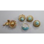 An 18k yellow metal and turquoise ring and matching earclips, an 18k and gem set brooch and yellow