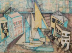 Sandro Paternostro (Italian 1922-2000), pen and crayon, Abstract harbour scene, 32 x 43cm