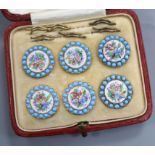 A cased set of six floral and turquoise enamel buttons.