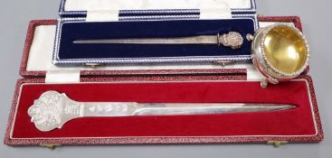 Two silver letter knives and a Victorian silver salt.