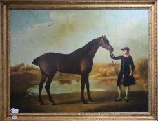 A modern oil on canvas After Stubbs of a groom and horse in a landscape, 75 x 101cm