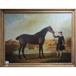 A modern oil on canvas After Stubbs of a groom and horse in a landscape, 75 x 101cm