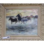 Eastern European, oil on canvas, Horses pulling a cart, indistinctly inscribed verso, 26 x 32cm