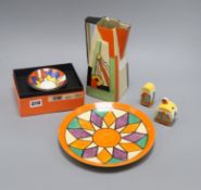 A Clarice Cliff Bizarre plate, a crocus cruet, a modern Clarice Cliff dish and a Clarice Cliff-style