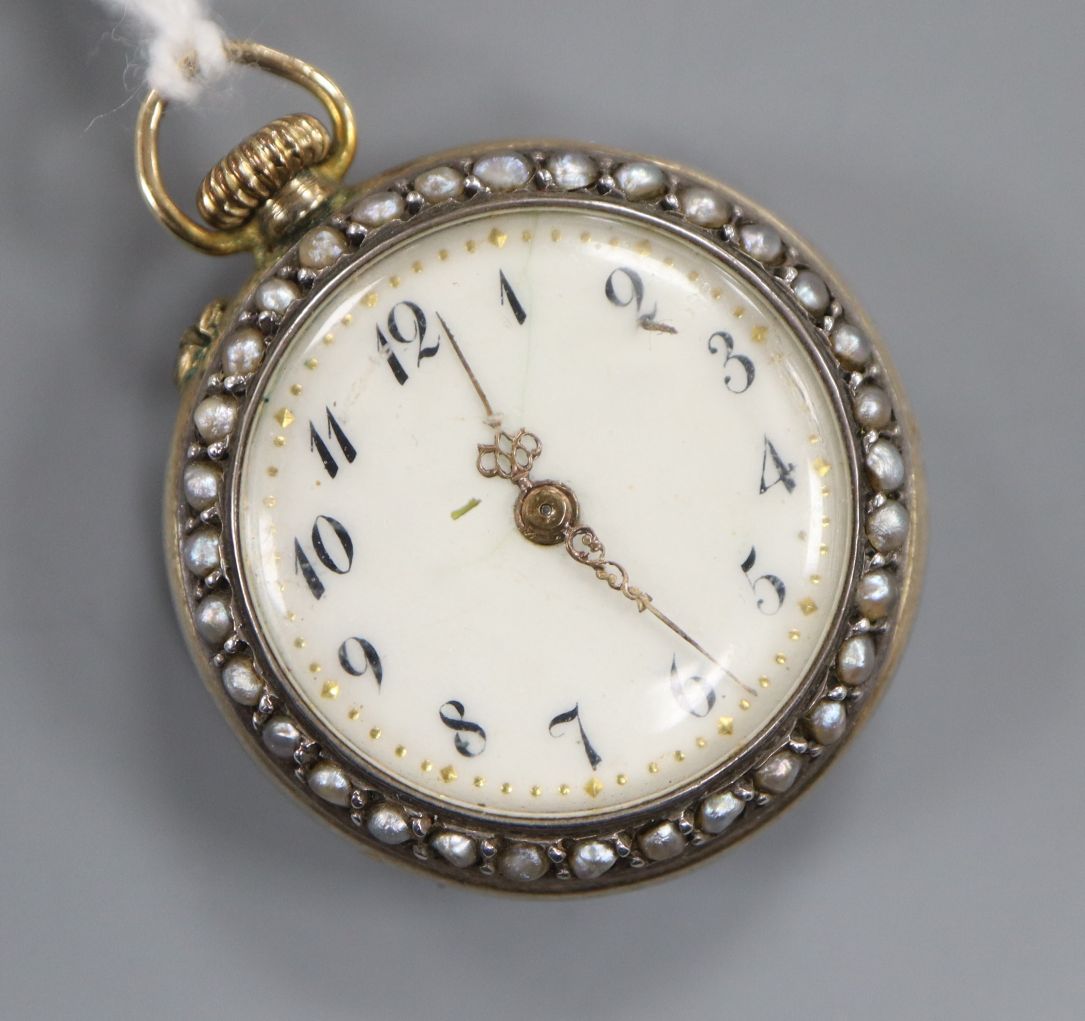 A Swiss 935 white metal blue enamel and seed pearl set fob watch, 26mm.