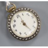 A Swiss 935 white metal blue enamel and seed pearl set fob watch, 26mm.