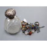 A silver topped scent bottle and mixed silver and other costume jewellery
