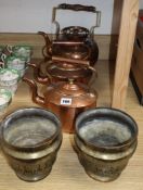 Three 19th century copper kettles and a pair of Indian enamelled brass jardinieres