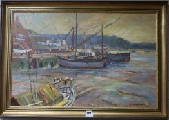 Charles Barker, oil on board, Harbour at low tide, signed, 49 x 74cm