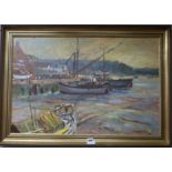 Charles Barker, oil on board, Harbour at low tide, signed, 49 x 74cm