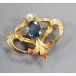 An Art Nouveau yellow metal, sapphire, seed pearl and enamel brooch, 25mm.