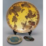 A Meiji period Japanese Satsuma dish and two cloisonne dishes largest 36cm