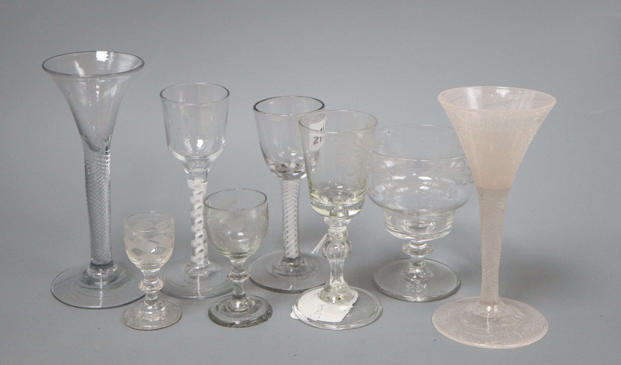 Four 19th century air and cotton twist cordial glasses and four others tallest 17cm
