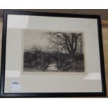 A Victorian etching of a stone bridge, dated 1882, 19 x 28cm