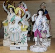 A pair of French porcelain figures and five Staffordshire figures (7)