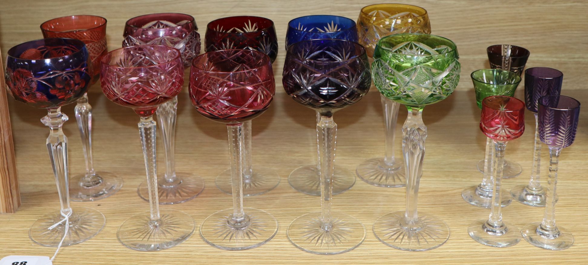 Ten hock glasses, with variously coloured bowls