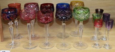 Ten hock glasses, with variously coloured bowls