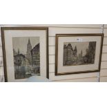 After Samuel Prout, pair of colour lithographs, Views of Prague and a French street, largest 43 x