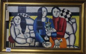 After Fernand Leger, oil on canvas board, Study of three women, bears initials, 28 x 49cm