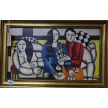 After Fernand Leger, oil on canvas board, Study of three women, bears initials, 28 x 49cm