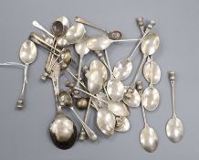 Twenty assorted Scottish silver 'thistle' coffee spoons and seven silver salt spoons and three other