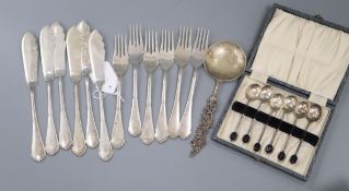 A set of six pairs German 800 fish eaters, a cased set of silver coffee spoon and a continental