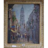 Vincenzo Funiciello, oil on board, Naples street scene, signed, 49 x 39cm